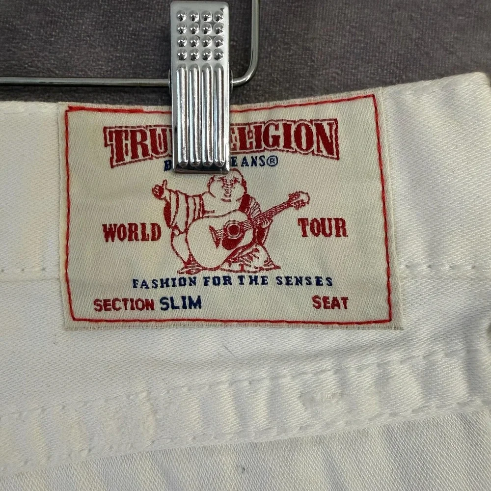 True Religion Section Slim Jeans Mens 36x32 White Denim Straight Distressed